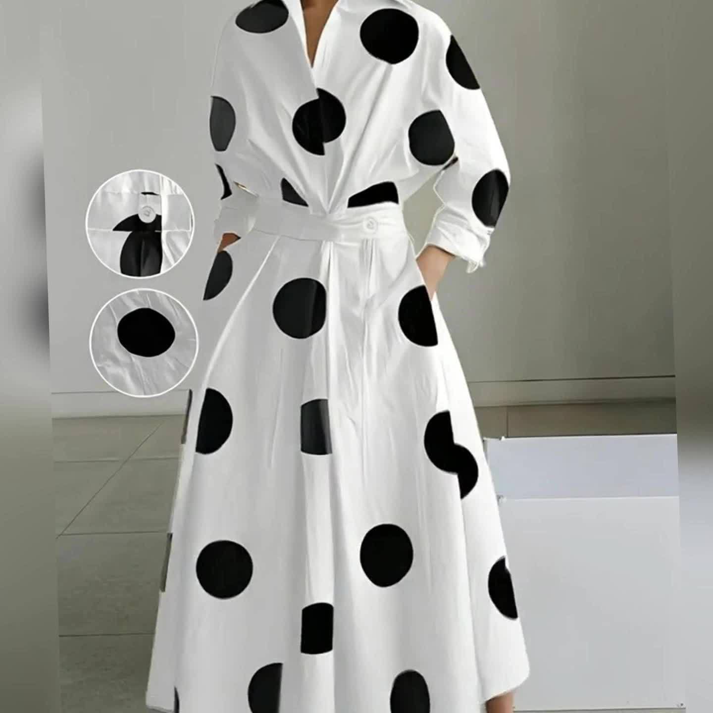 Women'S Elegant Long-Sleeve V-Neck Polka Dot Dress - White with Black Dots, Pencil Fit, Perfect for Spring/Summer/Fall, Casual Attire|Pencil Fit Dress|Vneckline Dress