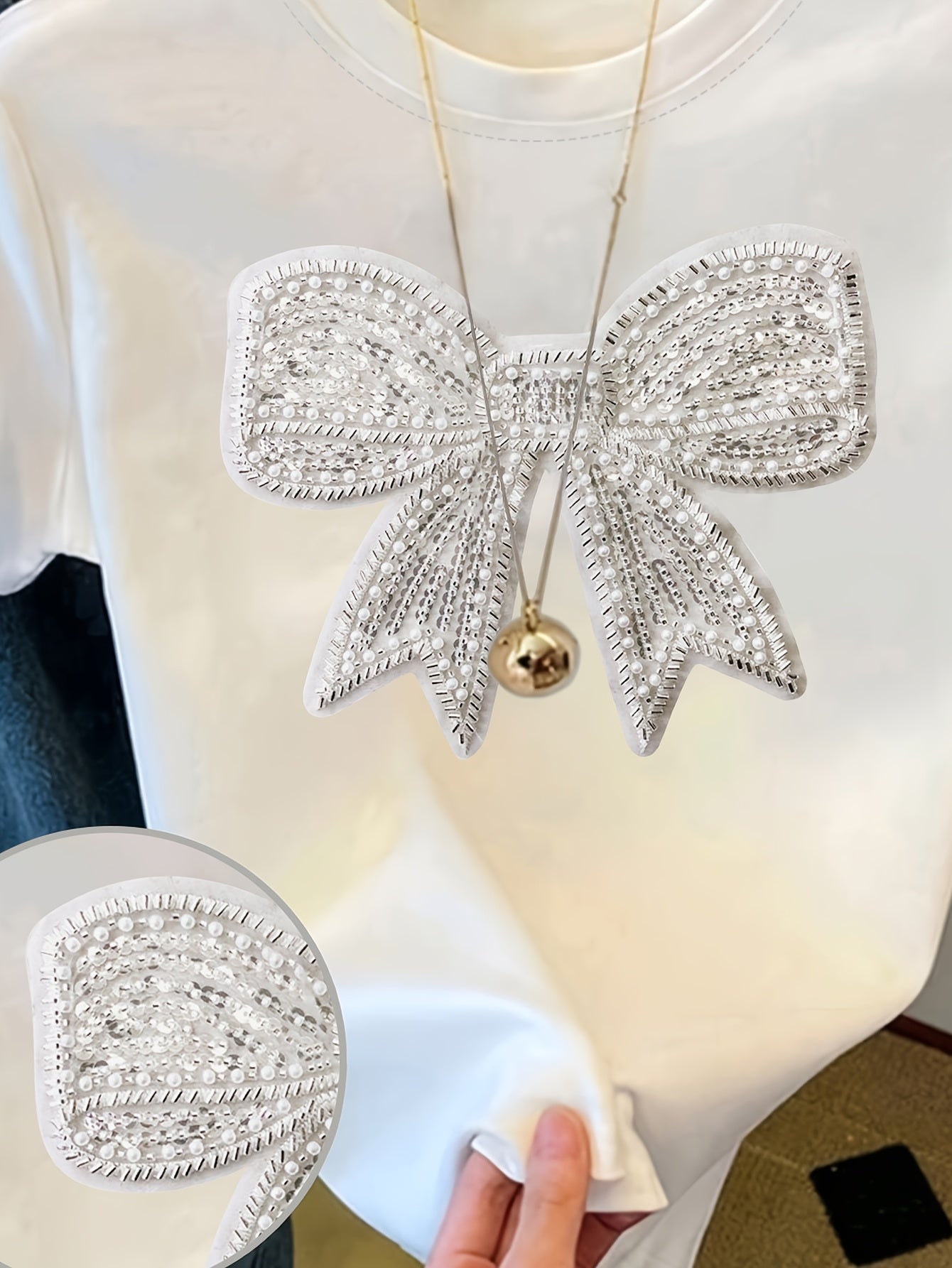 Women'S Casual Crew Neck T-Shirt with Sparkling Bow Print - Short Sleeve, White, All-Season, Casual Wear|Sparkling Detail Top|Butterfly Print Top, Butterfly Print Top