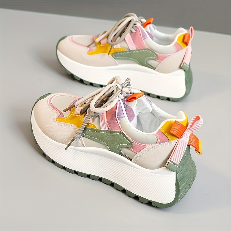 YTMLDY Women'S Fashion Sneakers - Colorful Striped Low Top Lace-Up Shoes with Thick PVC Sole, Breathable Fabric Lining, and Durable Outsole for All-Day Comfort, Casual Sneakers|Vibrant Pattern Shoes|Flexible PVC Sole