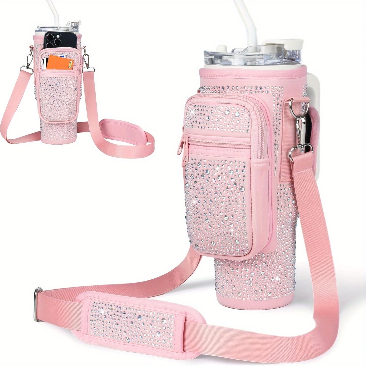 [Bling Neoprene Bottle Carrier] Multifunctional Neoprene Water Bottle Carrier - Insulated Sleeve Bag with Phone Holder, Card Slots, Detachable Strap for 40/30 Oz Tumblers - Bling Diamond Design, Key Hook