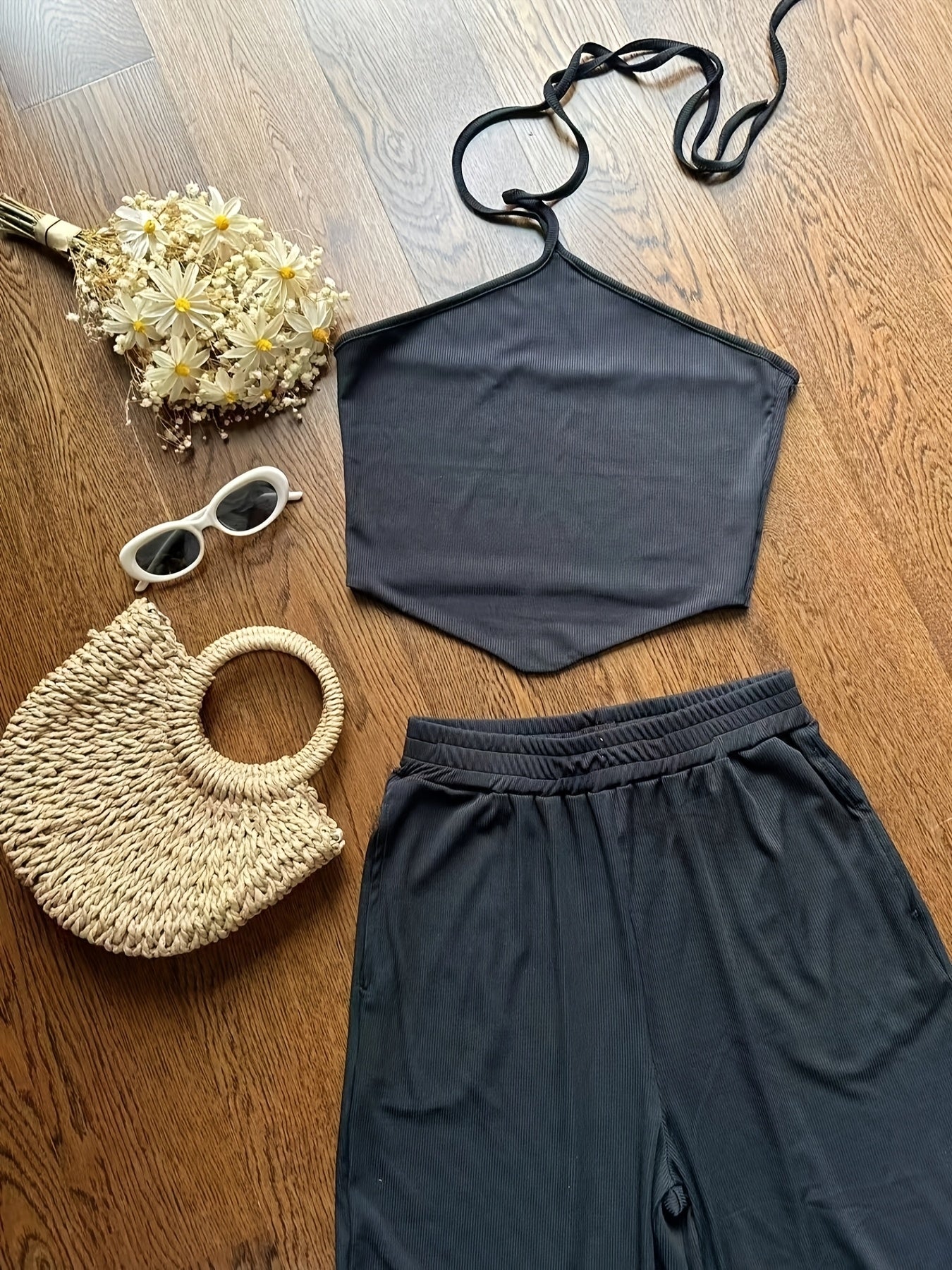 Summer Design Off-Shoulder Crop Top + Elastic Waist Flare Pants Set