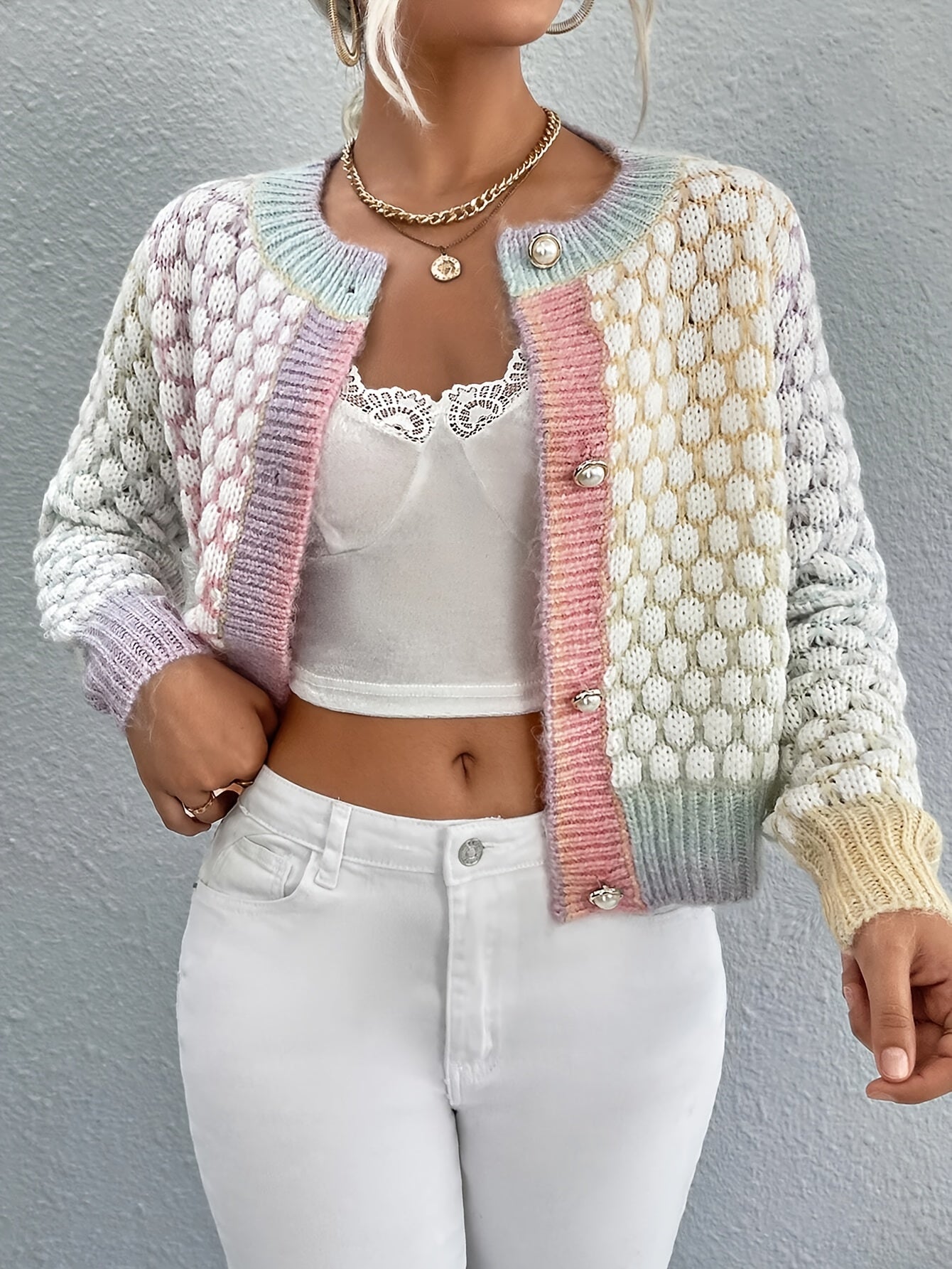 Elegant Multicolor Gradient Knit Cardigan with Button Detail - Cozy Polyester, Round Neck, Long Sleeve - Perfect for Fall & Winter