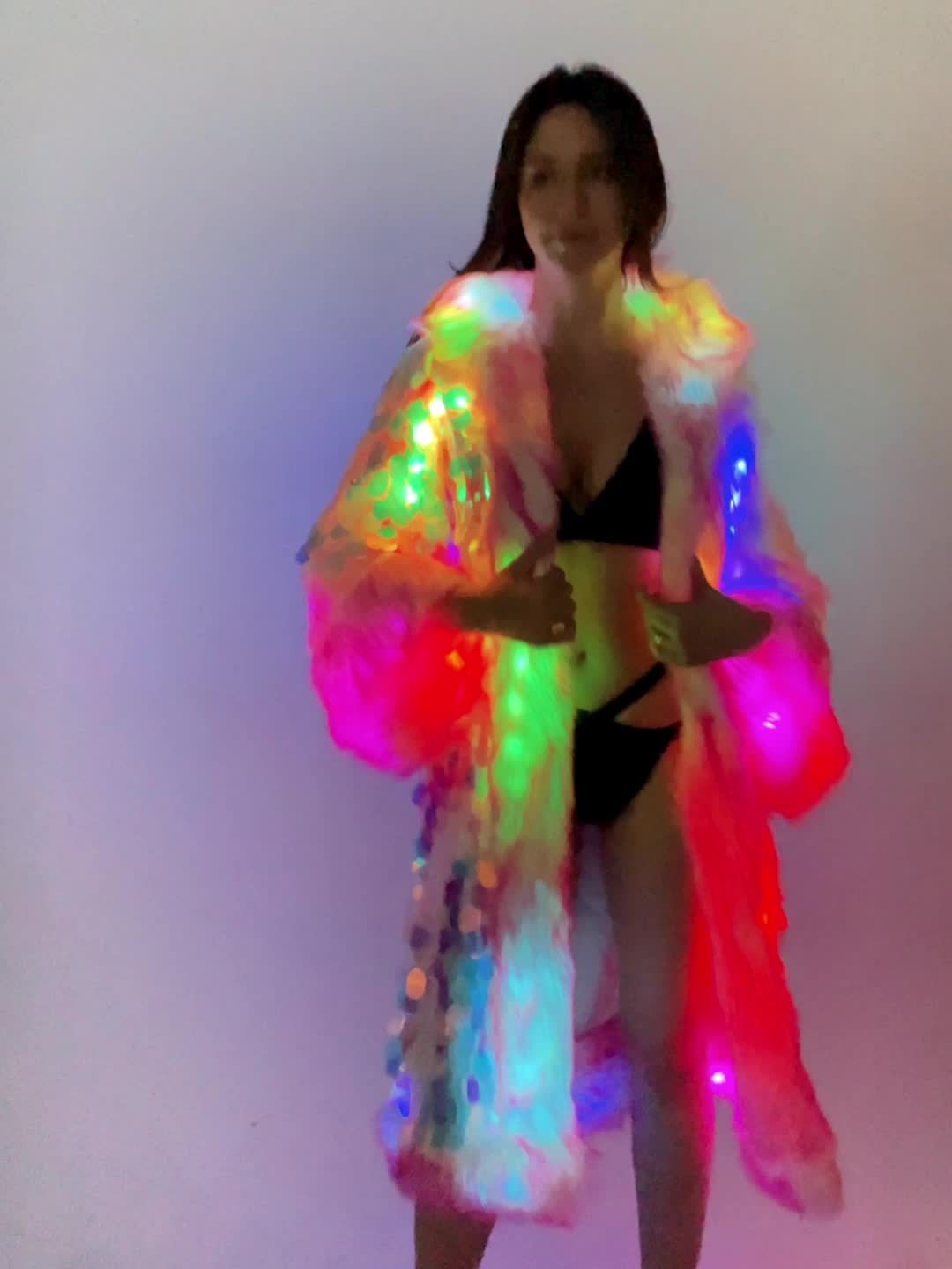 Women's LED Sequin Faux Fur Coat - Long Hooded Festival & Cosplay Outfit, USB-Powered, Flare Sleeves, Mermaid Tail Design, Vibrant Pink to Blue Gradient (Batteries Not Included), Cosplay Costume | Sequin Embellished | LED Lit