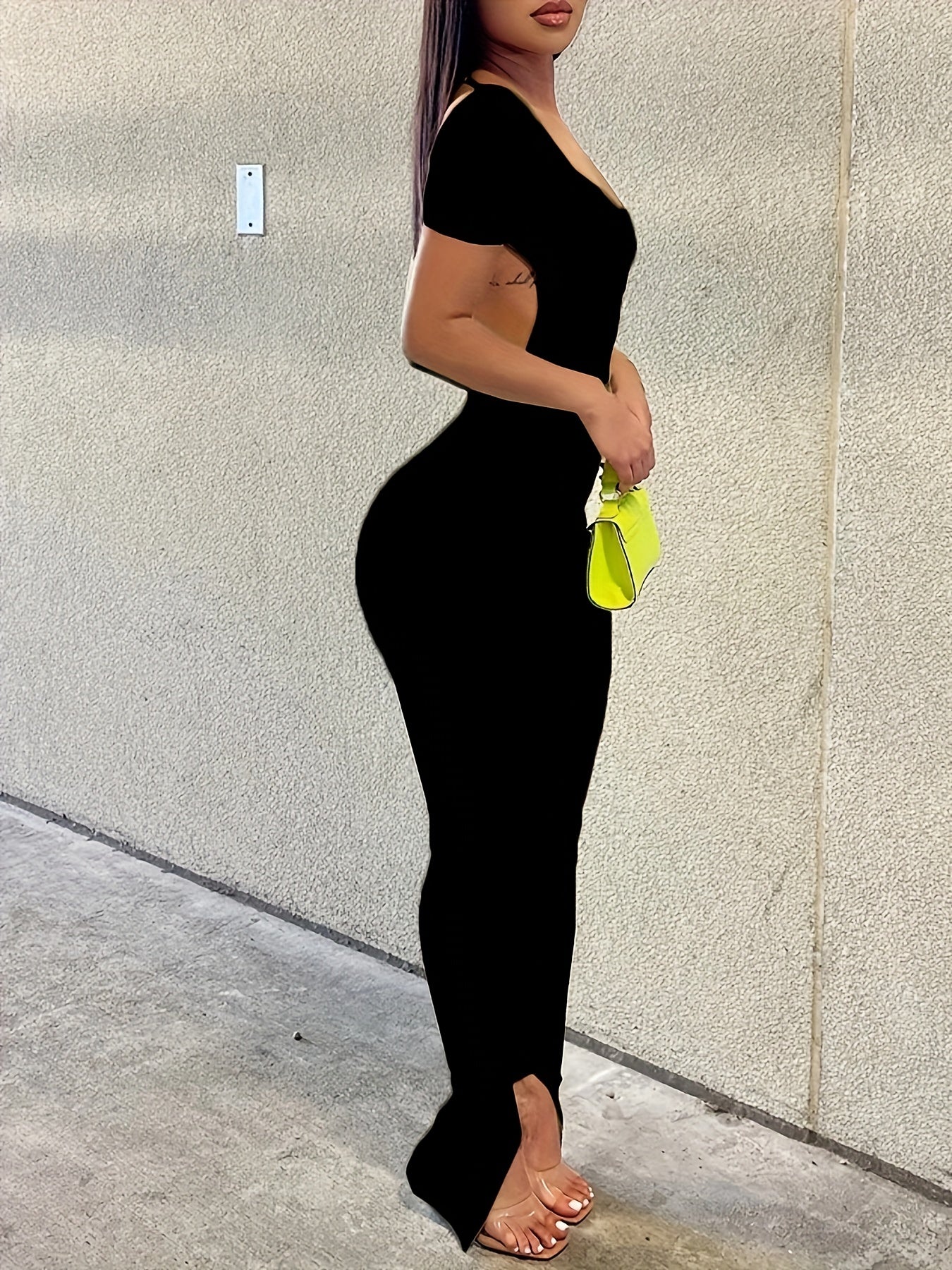Solid Split Bodycon Jumpsuit, Sexy Backless Long Sleeve Jumpsuit - Stretchy Fabric - For Women - Perfect for Parties & Night Out -  Great Gift for Fashionistas