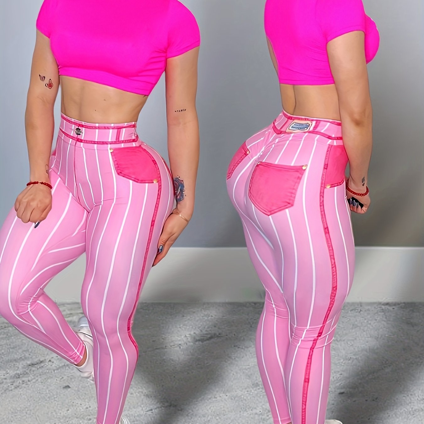High-Waist Denim-Look Yoga Pants for Women - Sexy Fitness Leggings with Trendy Striped Design, Red & White Vertical Stripes, Stretchy Polyester Blend, Machine Washable, Perfect for Yoga, Running, and Gym Workouts, Athletic We