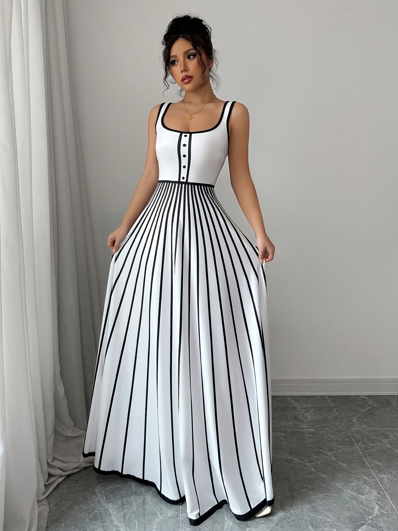 Elegant Striped Sleeveless Maxi Dress for Women - Square Neck, Button Detail, Black & White Vertical Stripes, Flowy Design, Machine Washable, Perfect for Casual or Chic Outfits
