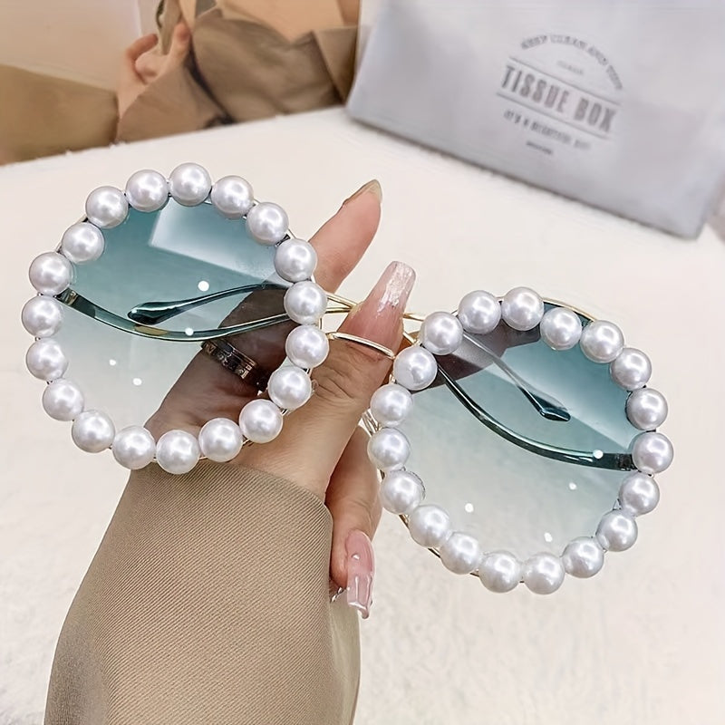 Retro Round-Frame Stylish Glasses with Imitation Pearl Accents And Colorful Ocean-Inspired Lenses - Perfect for Beach Parties And Outdoor Adventures