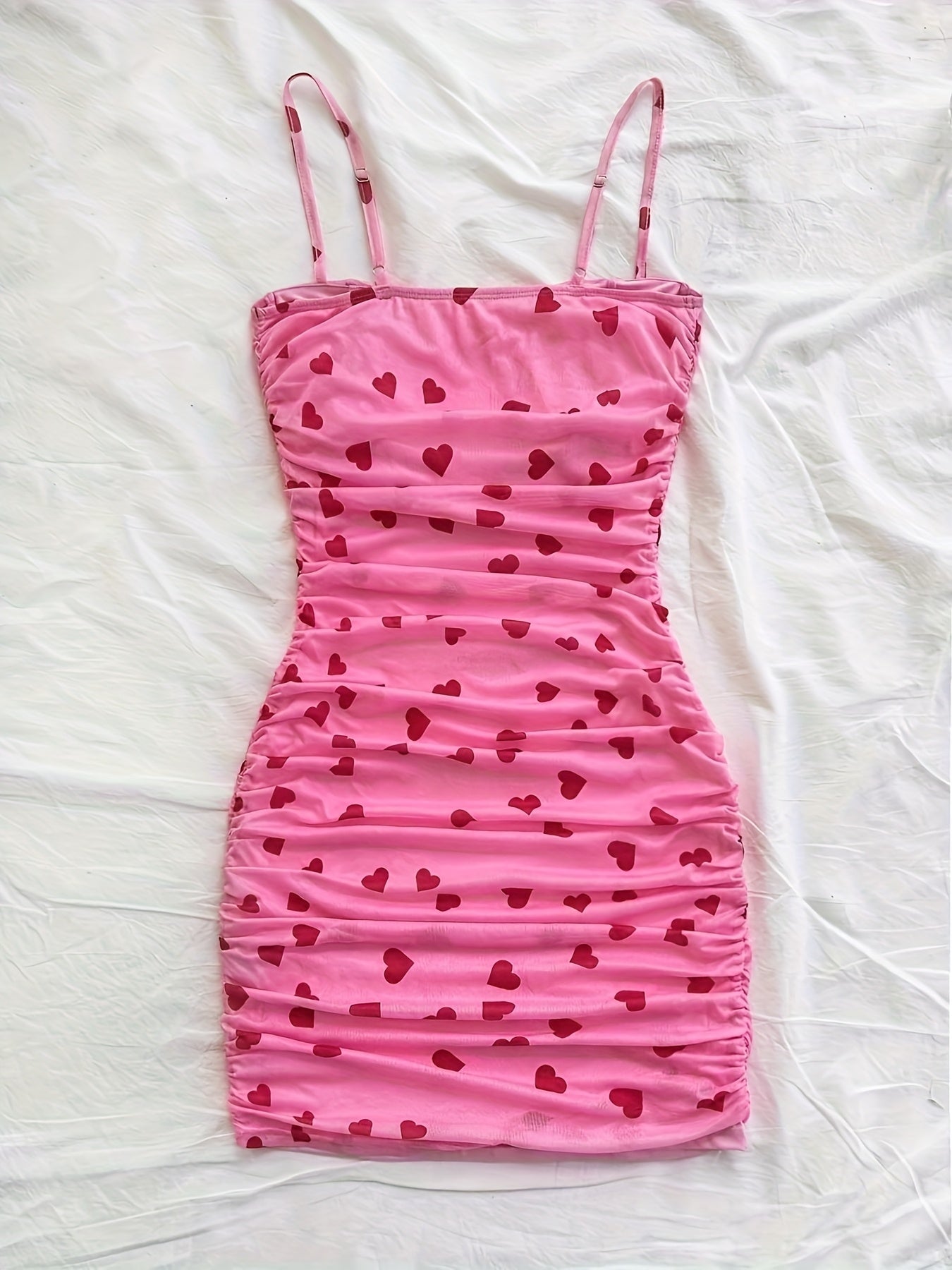 Women's Stylish Pink Heart Print V-Neck Cami Dress - Sleeveless Ruched Bodycon Summer Dress for Casual or Vacation Wear, Romantic Getaway Attire | Vneck Dress | Gathered Detailing