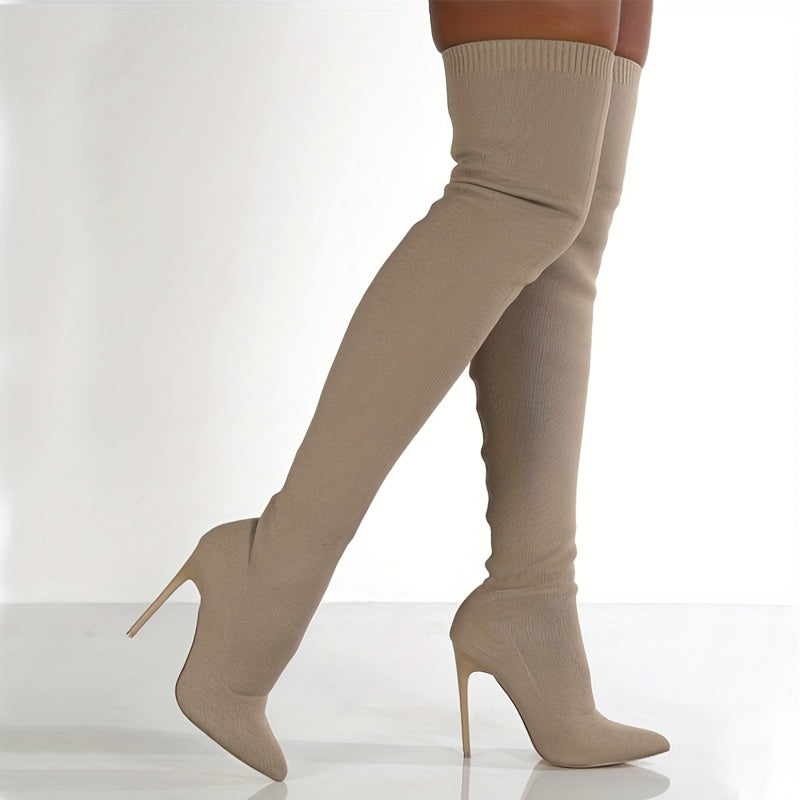 Ladies' Over-the-Knee High Heel Booties - Casual Style, Hand Washable, No Dry Clean, Pure Color, Suitable for All Seasons, Easy Slip-On, Pointed Toe, Thin High Heel, Fabric Upper, Fabric Lining, Rubber Sole, Fabric Insole, Ra
