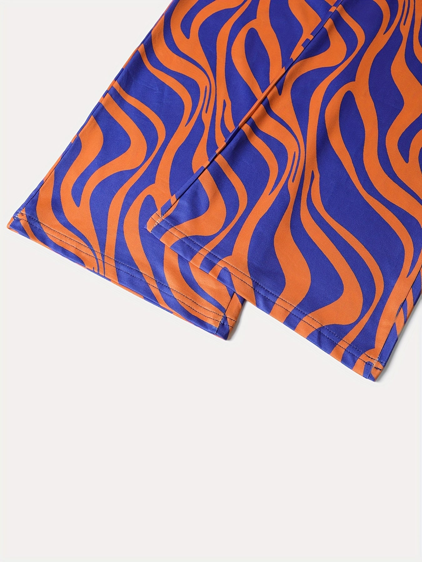Women'S High-Waisted Flared Pants with Vibrant Orange and Blue Wavy Print, Stretchy Polyester Fabric, Perfect for Spring/Summer/Fall, Casual to Semi-Formal Attire