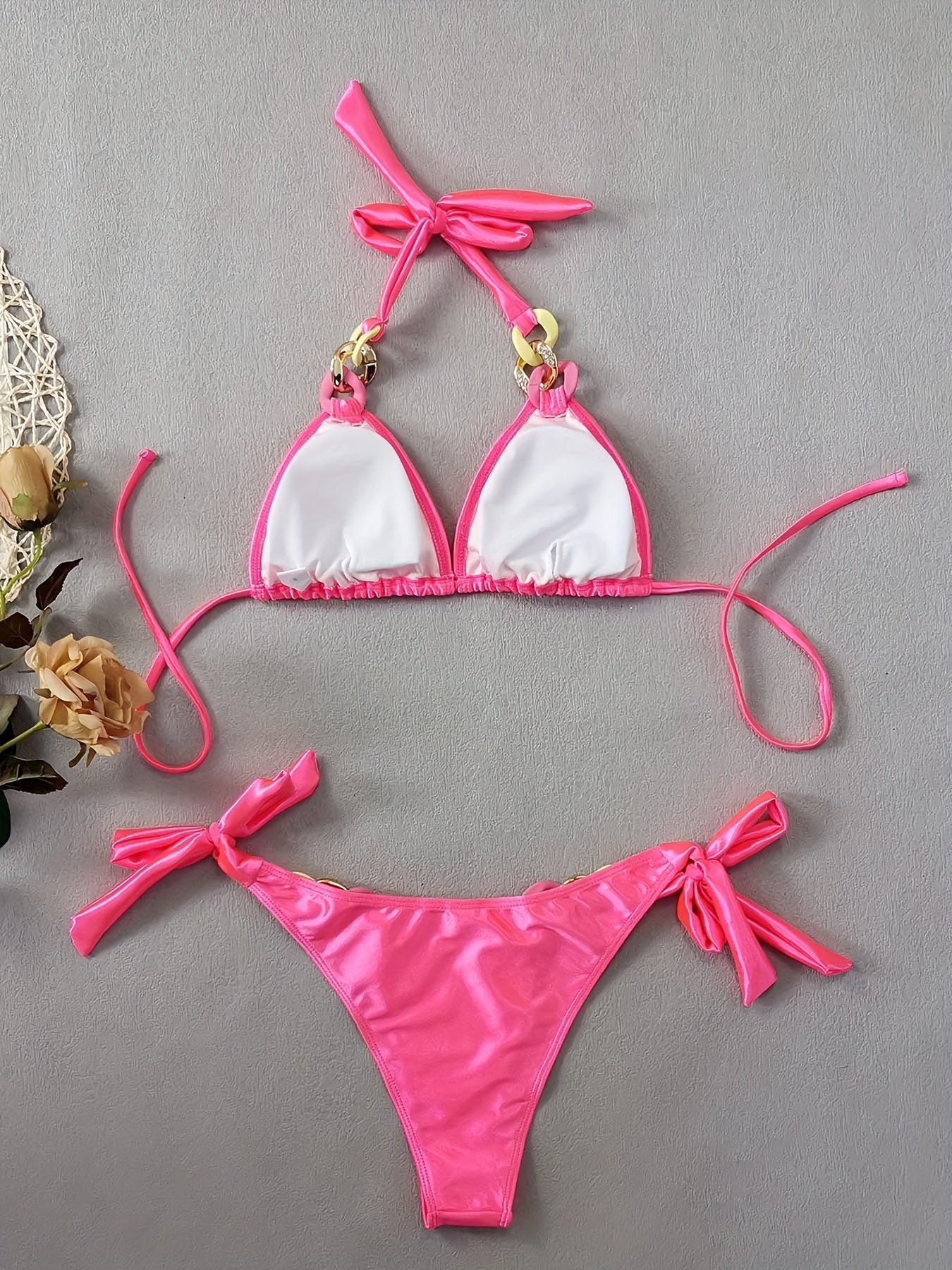 Shiny Tie Side 2 piece Set Bikini, V Neck Swimsuits, Women's Swimwear & Clothing