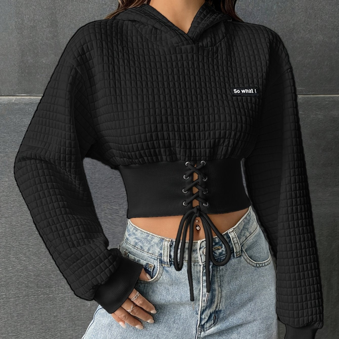 Lace Up Crop Drop Shoulder Hoodie, YOUNG Long Sleeve Hoodies Sweatshirt, Women's Clothing