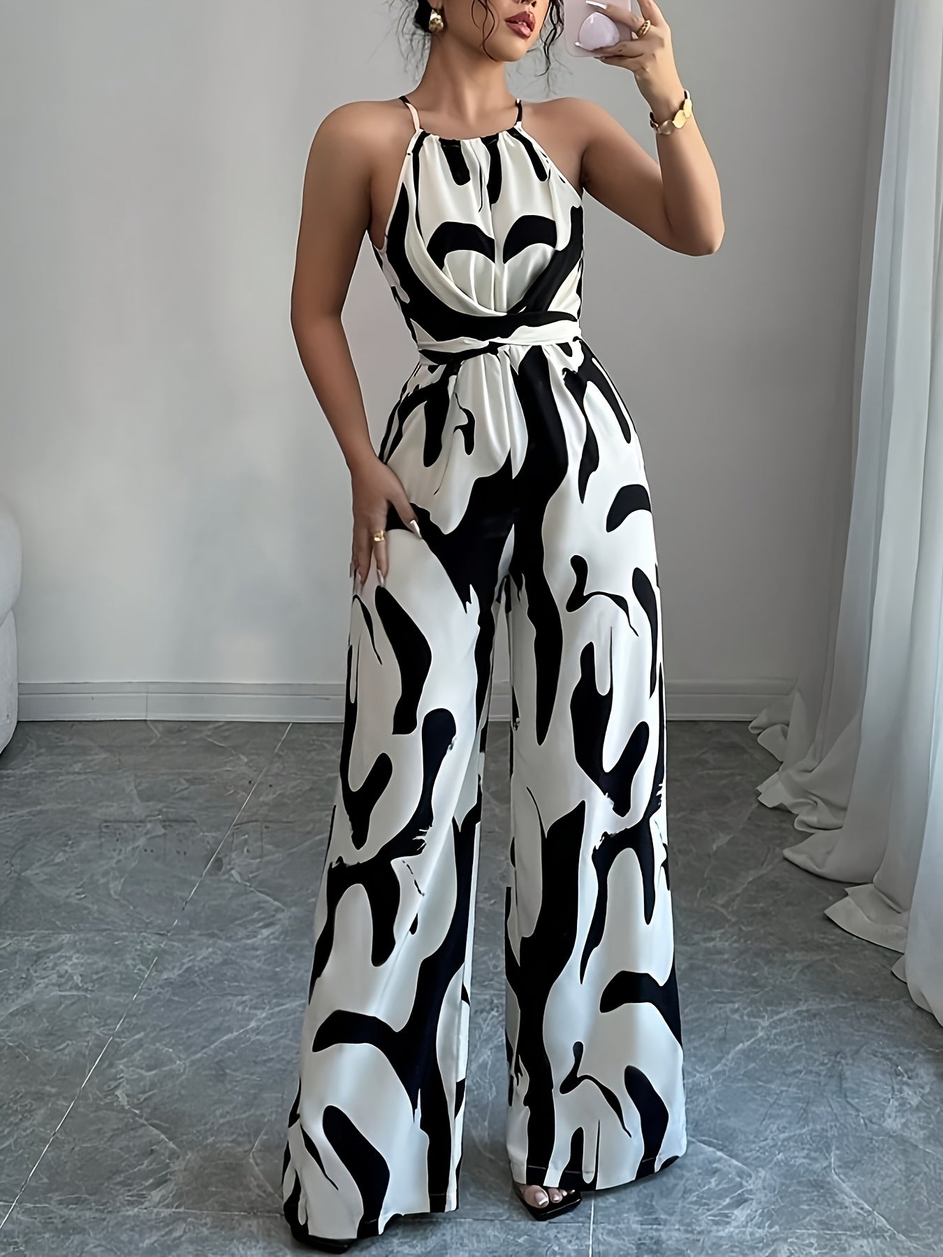 Women's Elegant Off-Shoulder Print Jumpsuit with Wide Legs and Tie Waist - Black & White Abstract Pattern, Polyester Fabric, Perfect for Vacation and Everyday Chic