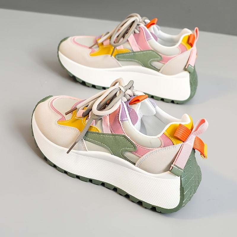YTMLDY Women'S Fashion Sneakers - Colorful Striped Low Top Lace-Up Shoes with Thick PVC Sole, Breathable Fabric Lining, and Durable Outsole for All-Day Comfort, Casual Sneakers|Vibrant Pattern Shoes|Flexible PVC Sole