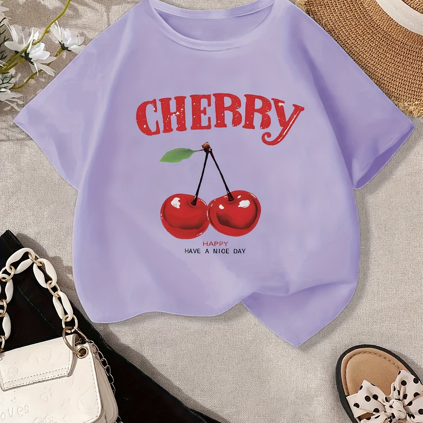 Girls' Cherry Graphic Tee - Soft & Quick-Dry Polyester Blend, Casual Round Neck Short Sleeve T-Shirt with "Have a Nice Day" Print, Perfect for Spring/Summer Outings, Girls Tshirts