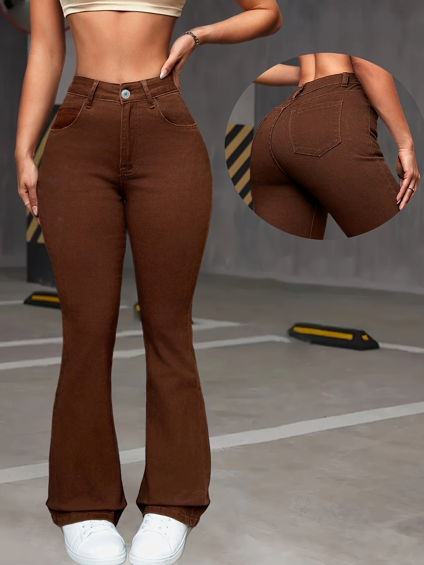 Women's High-Waisted Stretch Denim Flare Jeans in Coffee Brown - Comfortable All-Season Bell Bottoms with Button Closure, Slant Pockets, and High Elasticity Cotton Fabric