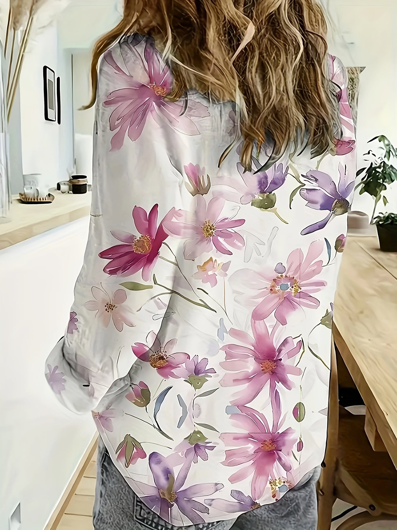 Women'S Floral Print Blouse | Lightweight Polyester | Button-Up with Lapel Collar | Pastel Pink, Purple & White Flowers | Machine Washable | Spring/Summer Fashion Top for Casual or Dressy Occasions, Ladies Blouses
