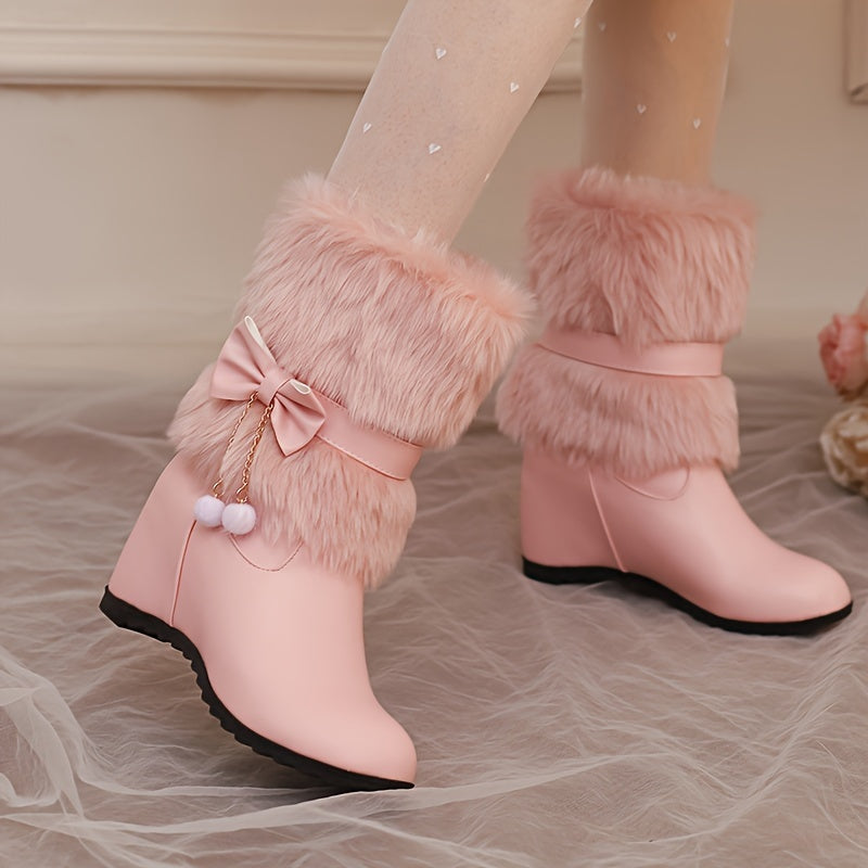 Women's Autumn and Winter Fashion Elegant Sweet College Princess Bow Artificial Ball Tassel One-Shoulder Boots, Mary Jane Solid Color Fluffy Faux Fur Wedge Heels, Multifunctional Outdoor Casual Comfortable Warm High Heel Shoe