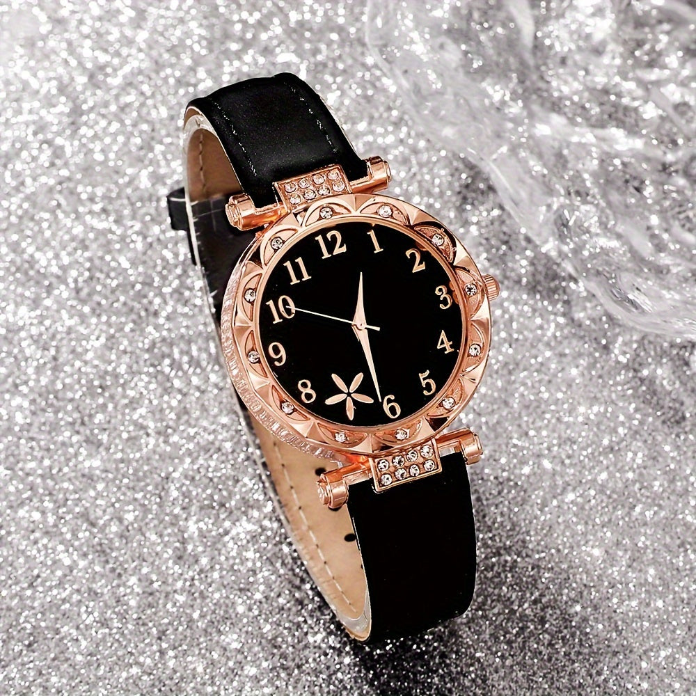 6pcs Elegant Ladies' Fashion Watch and Bracelet Set, Round Quartz Movement, PU Leather Strap, Zinc Alloy Case, Non-Rechargeable Battery - Perfect for Daily Wear, Parties, and Gifts for Special Occasions