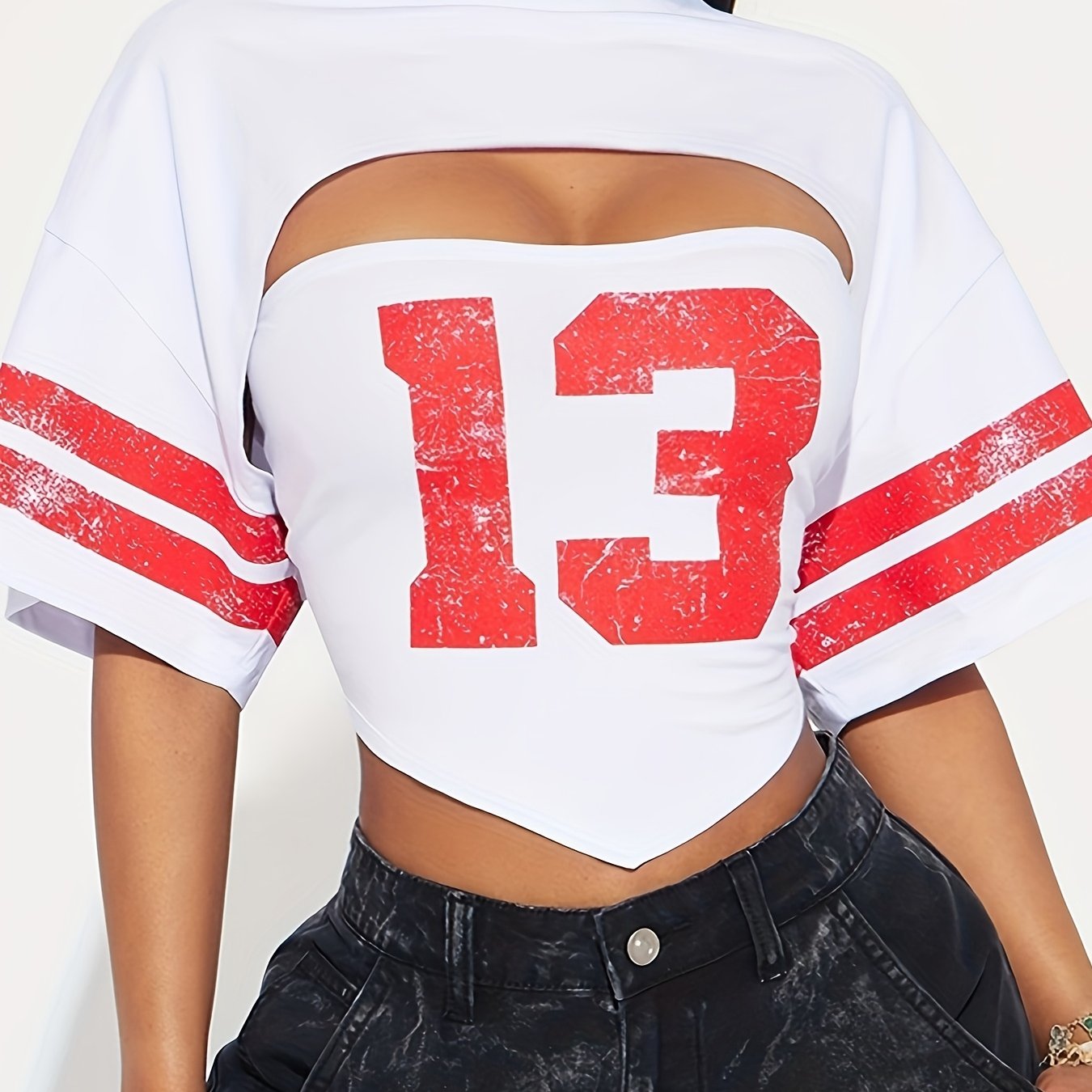 WLWXR Y2K Streetwear Solid Color Slim Fit 2 Two-Piece Sets - O-Neck Short Sleeve Top with Letter Print & Tube Top for Women, Black with White Numbers Design, Polyester Blend, Perfect for Casual Outfits