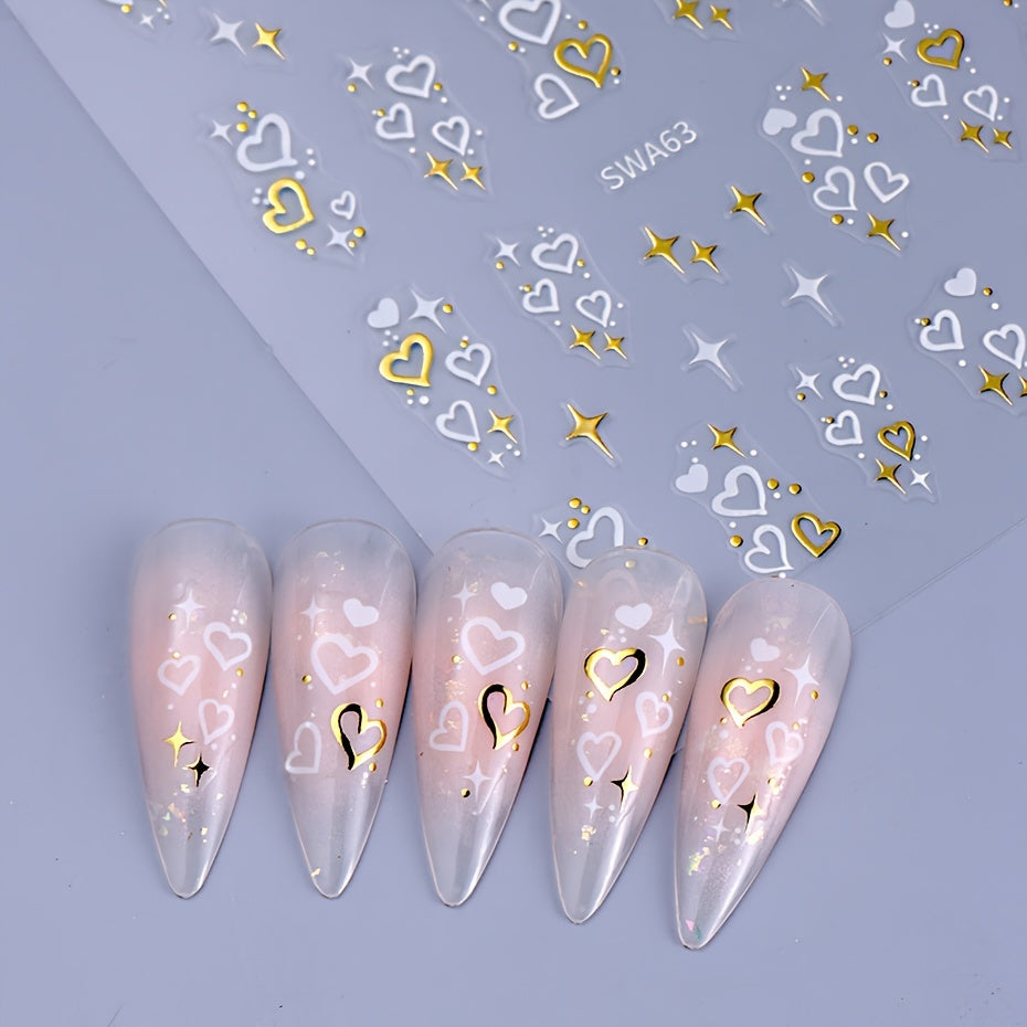 8pcs Rectangle Self-adhesive Glossy Plastic Nail Stickers, Pink Black White, Heart Pattern, Valentine Design, Golden Geometry Wave Lines Stripe Stars, Fantasy Theme, with Glitter, for Manicure Decoration