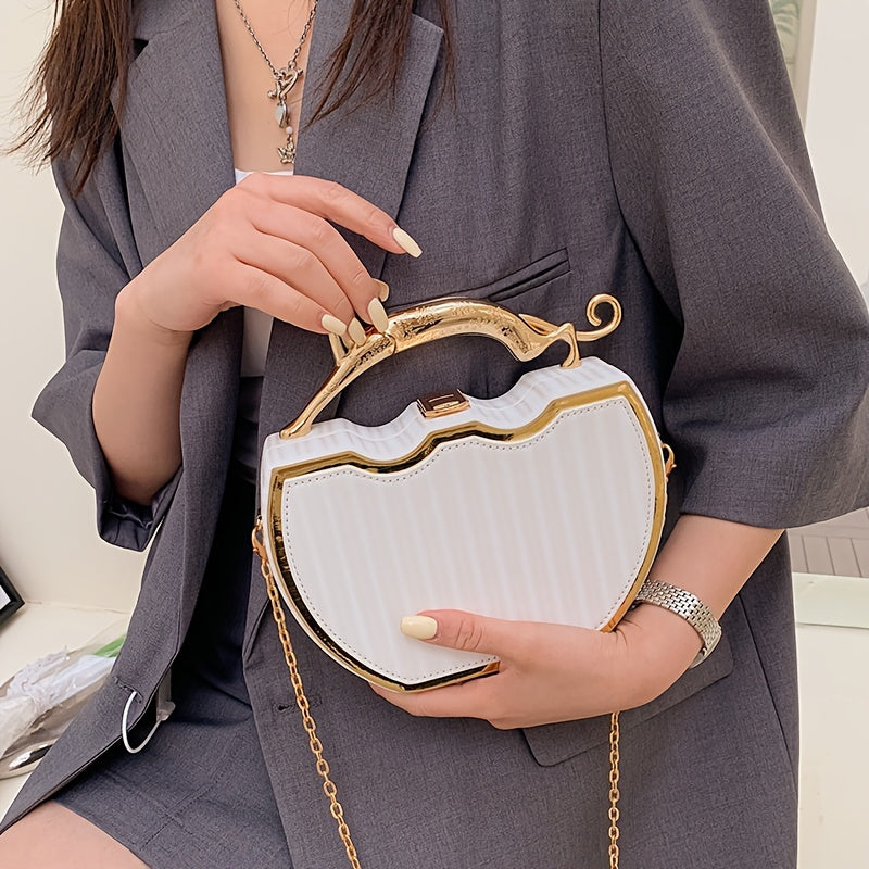 Stylish White Clip-On Bag with Golden Chain Strap - Elegant Kiss Lock Design, Detachable Shoulder Strap, Perfect for Everyday Use