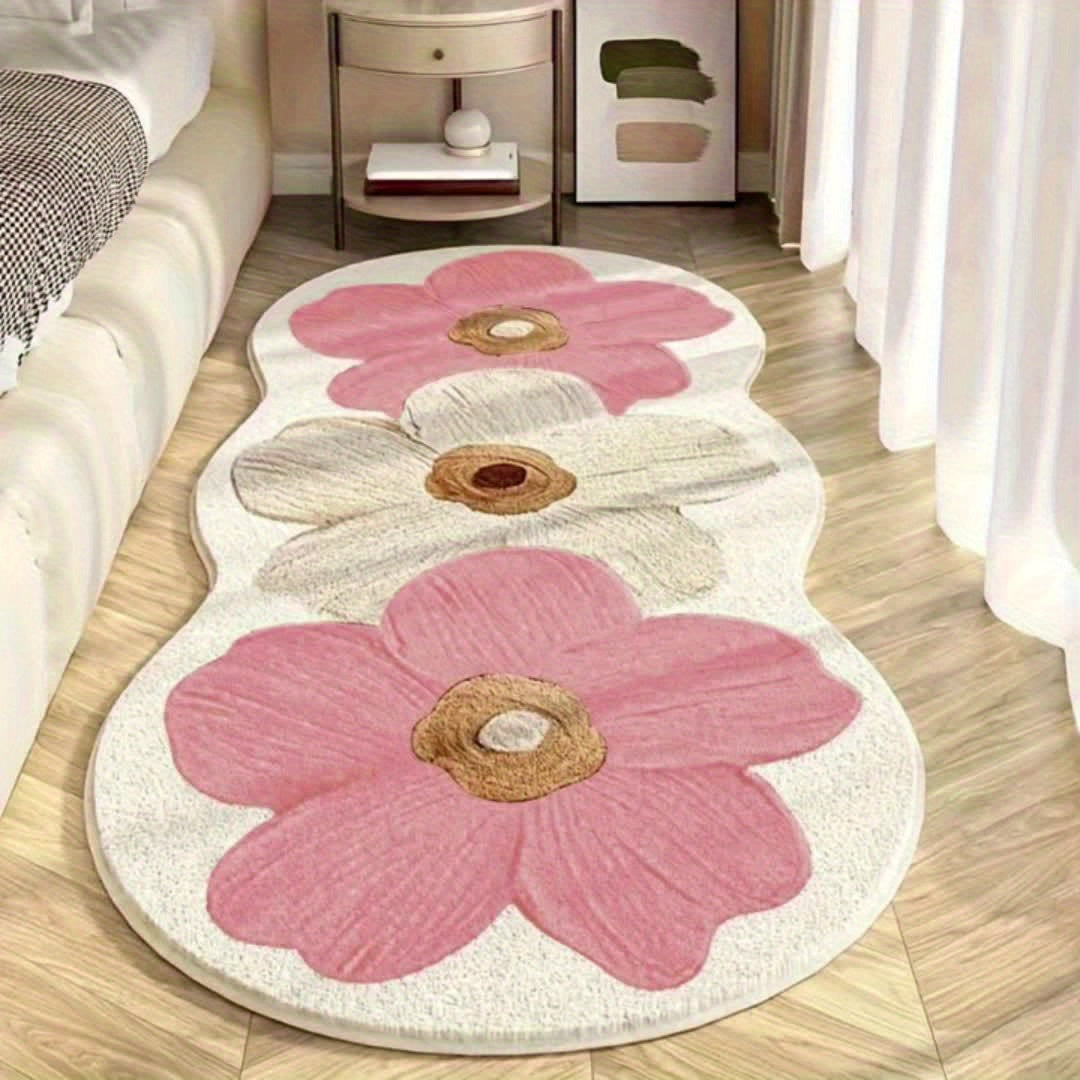 1000g 10mm Polyester Fluffy Floral Area Rug for Bedroom, Indoor Use, Machine Washable, Non Slip, Irregular Shape