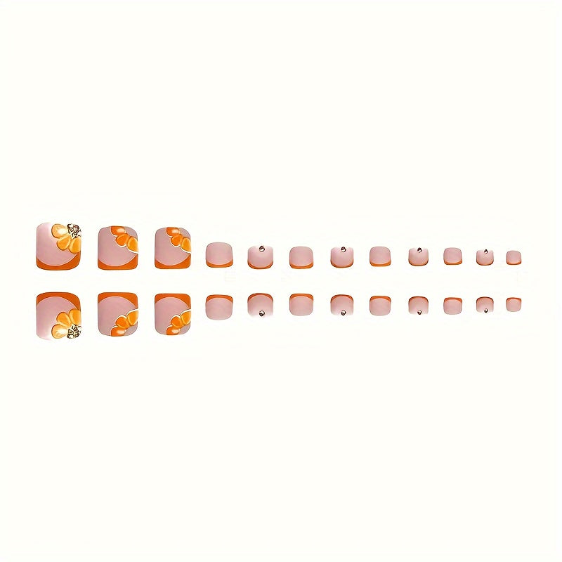 2 boxes of 48pcs European and American press-on nails, orange 3D bear heart butterfly flower glitter rhinestone high-end design water pipe style long false nails suitable for s and women daily wear, includes 2 jelly glue and