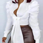 BUTTONED PUFF SLEEVE TIED DETAIL TOP