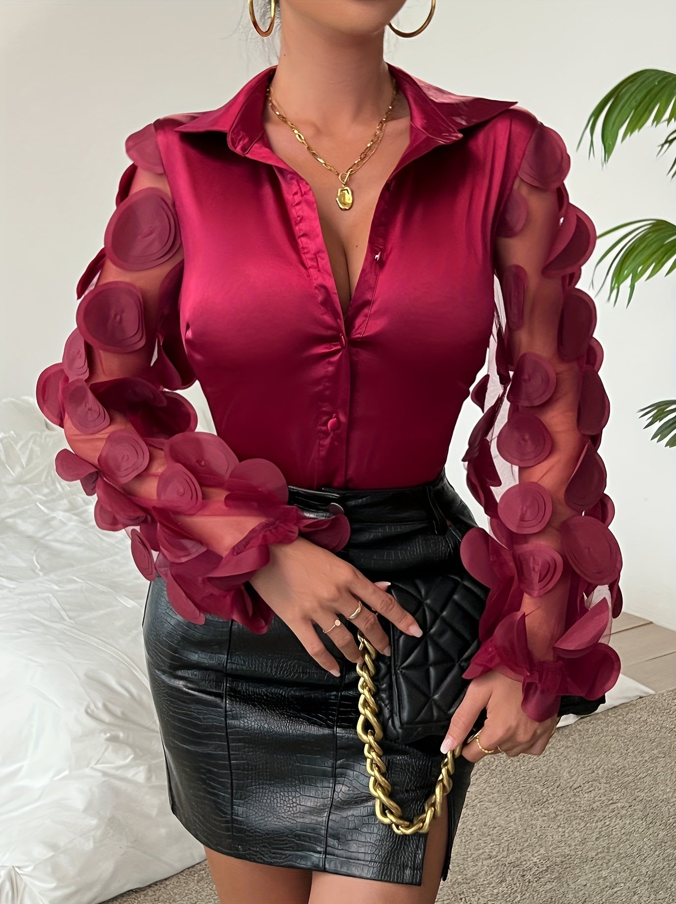 Circle Applique Mesh Stitching Long Sleeve Button-Down Shirt for Women, Spring/Fall Chic Slim Fit