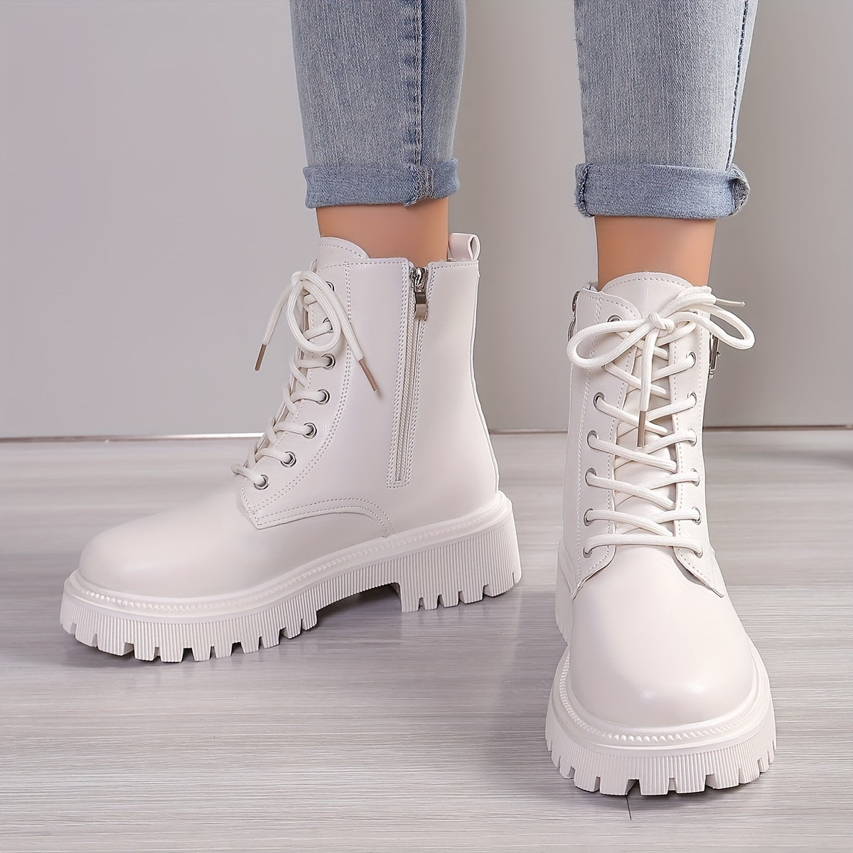 Women'S Fashion Ankle Booties - Mid Heel Platform Boots, Solid Color, Round Toe, Zipper Closure, Man-Made Upper, Fabric Inner & Insole, PU Sole, with Belt Buckle Detail