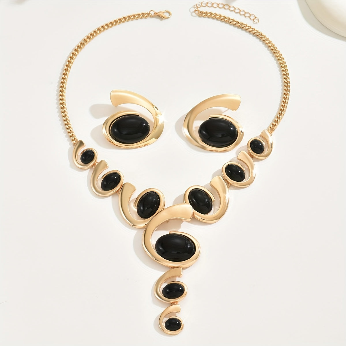 1 Set Boho Classic 2pcs Women'S Jewelry Set, Spiral Shape with Black Rhinestone Inlay, Y-Necklace and Earrings, Alloy, Versatile for Daily and Party Wear