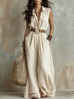 Loose-fit V-neck Sleeveless Solid-color Casual Elegant Button-front Womens Jumpsuit