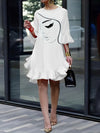 Elegant White 3/4 Sleeve Dress with Ruffled Hem and Face Print, Loose Fit Polyester Blend, Machine Washable, Perfect for Casual and Formal Occasions, Casual Formal Dress | Face Print Dress | Glossy Fabric, Cute Dresses