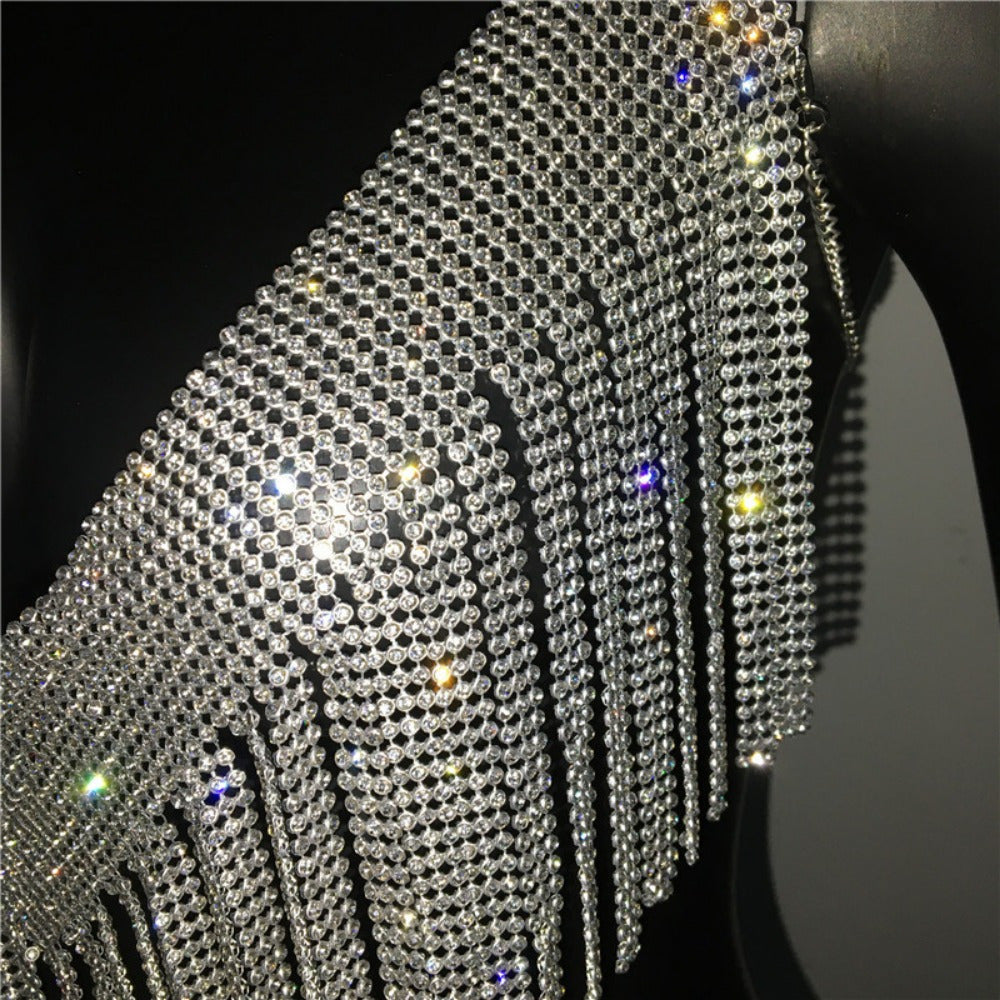 Glamorous Golden-Tone Rhinestone Tassel Necklace - Luxurious Alloy Crop Top with Sparkling Fringe Detail, Perfect for Parties & Celebrations