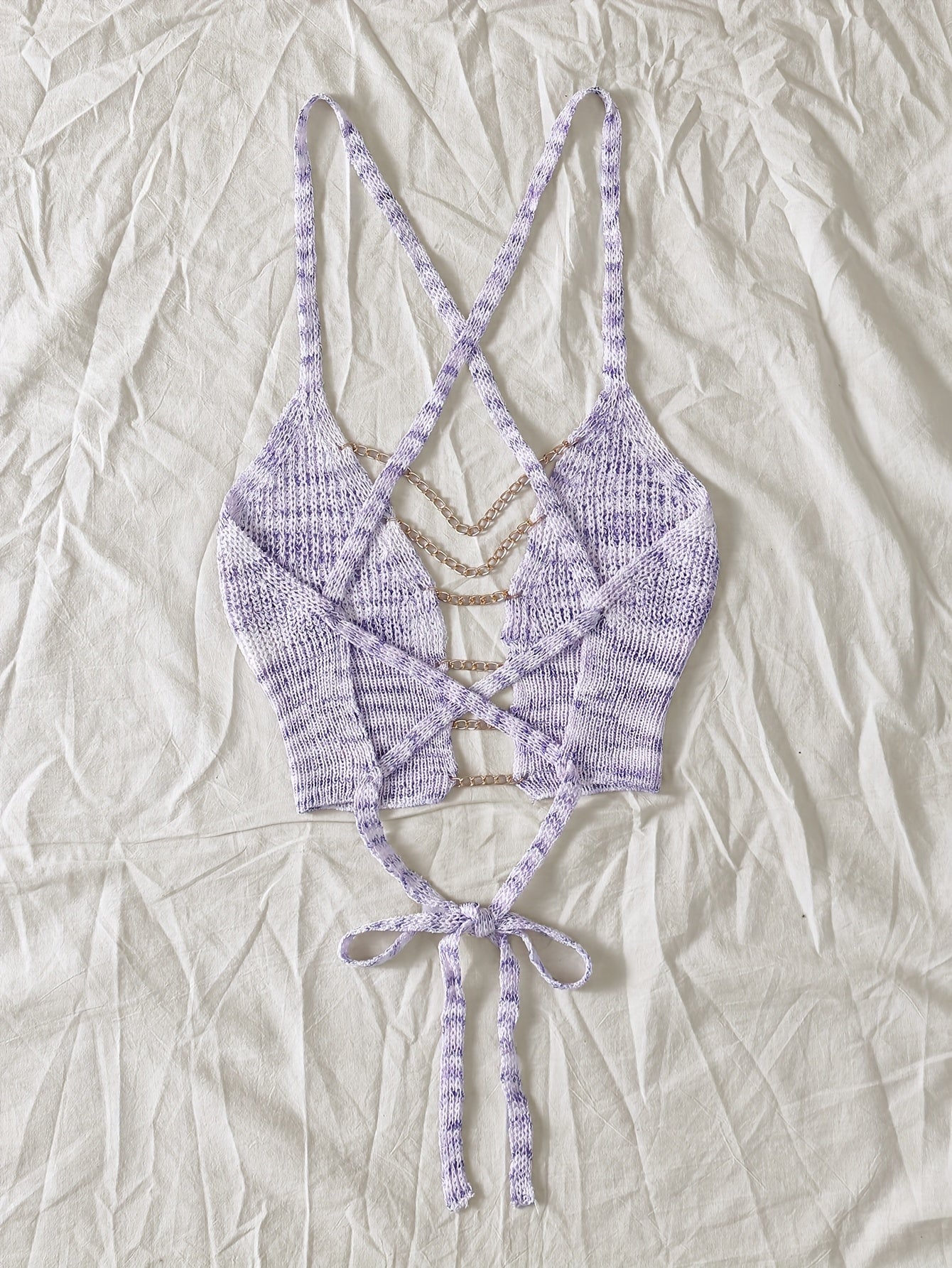 Sexy Gradient Knit Cami Top with Golden Chain Detail - V-Neck, Sleeveless, Stretch Fabric, Light Blue to White Ombre Design for Women - Perfect for Spring/Summer/Fall