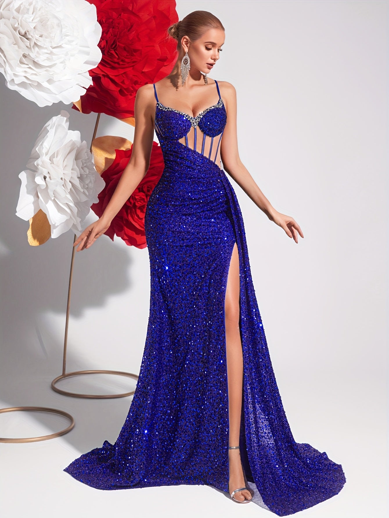 A High-Waisted Long Dress with Sequins, Beading, a V-Neck, Hollow Design, And Open Back, Perfect for Parties And Evening Events.
