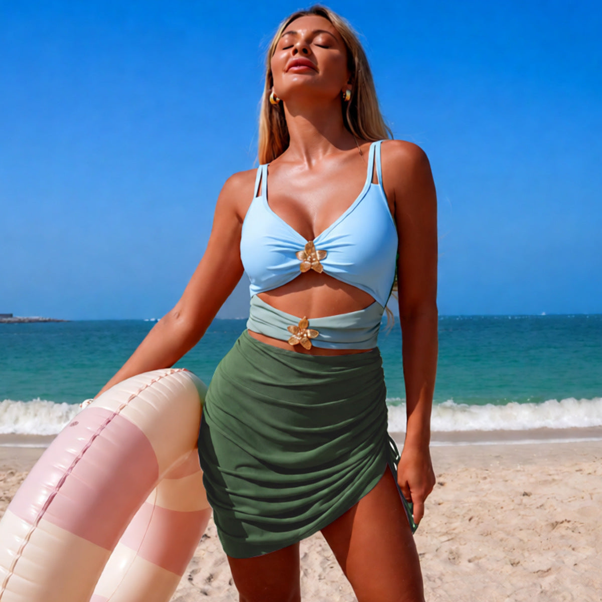 Color-Block Mesh One-Piece Swimsuit For Women