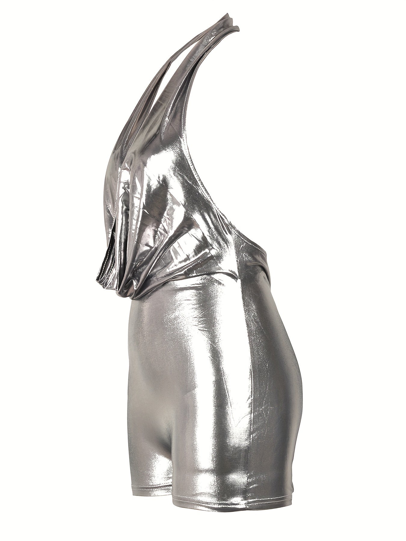 Elegant Metallic Deep V-Neck Sleeveless Romper - Sexy Halter Neck Bodycon Jumpsuit with Backless Design, Stretchy Polyester Blend, Perfect for Summer Evening Events