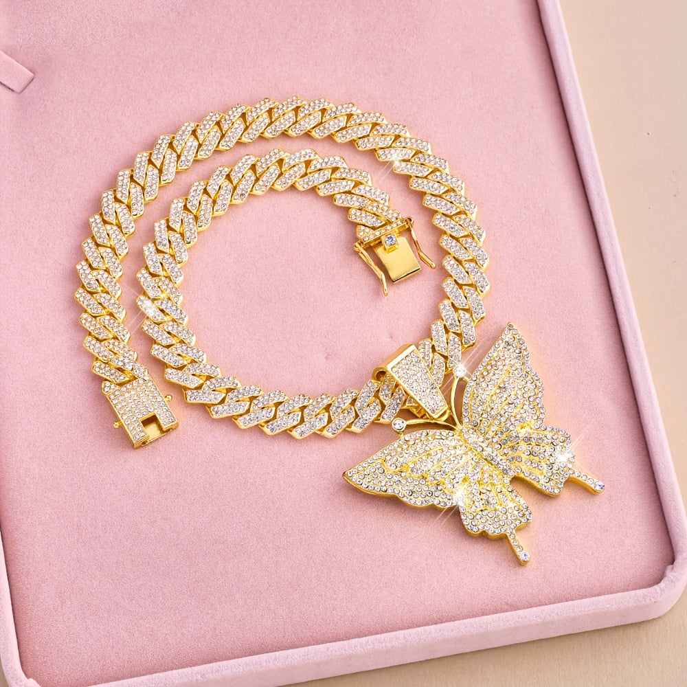 Hiphop Butterfly Pendant Necklace Setanimal themed jewelry Y2K style zinc alloychain with synthetic stone and setaperfect for parties, music festivals andValentine's Day gifts Fashion jewelry