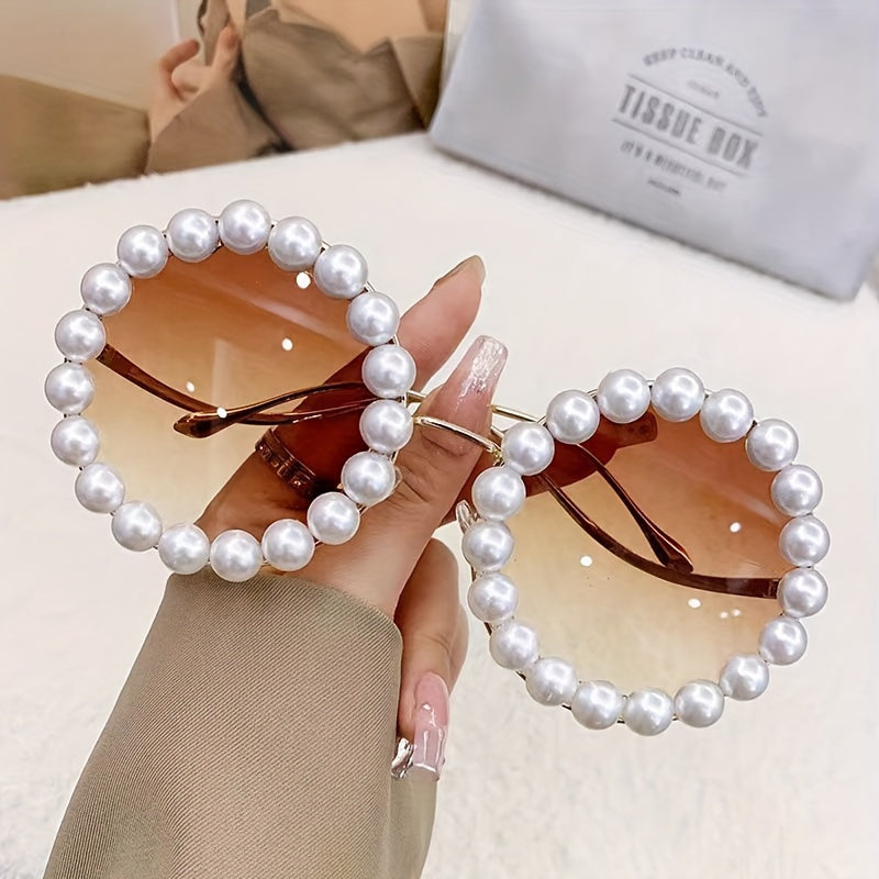 Retro Round-Frame Stylish Glasses with Imitation Pearl Accents And Colorful Ocean-Inspired Lenses - Perfect for Beach Parties And Outdoor Adventures