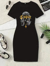 Women's Black Short Sleeve Graphic Dress - "TUPAC" Print, Crew Neck, Stretchy Polyester Blend, Casual Spring/Summer Style, Stylish Casualwear | Graphic Print Dress | Comfortable Fit, Short Sleeve Dress