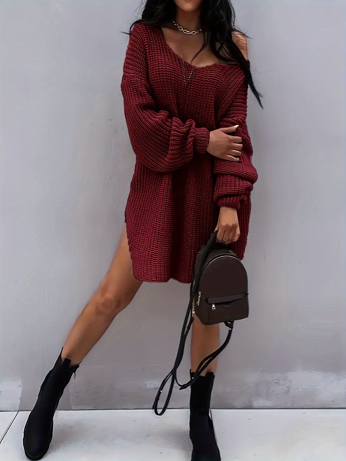 Women's Elegant Sexy Knitted Dress Loose Long Pullover Drop Shoulder Pullover Suitable for Spring And Autumn