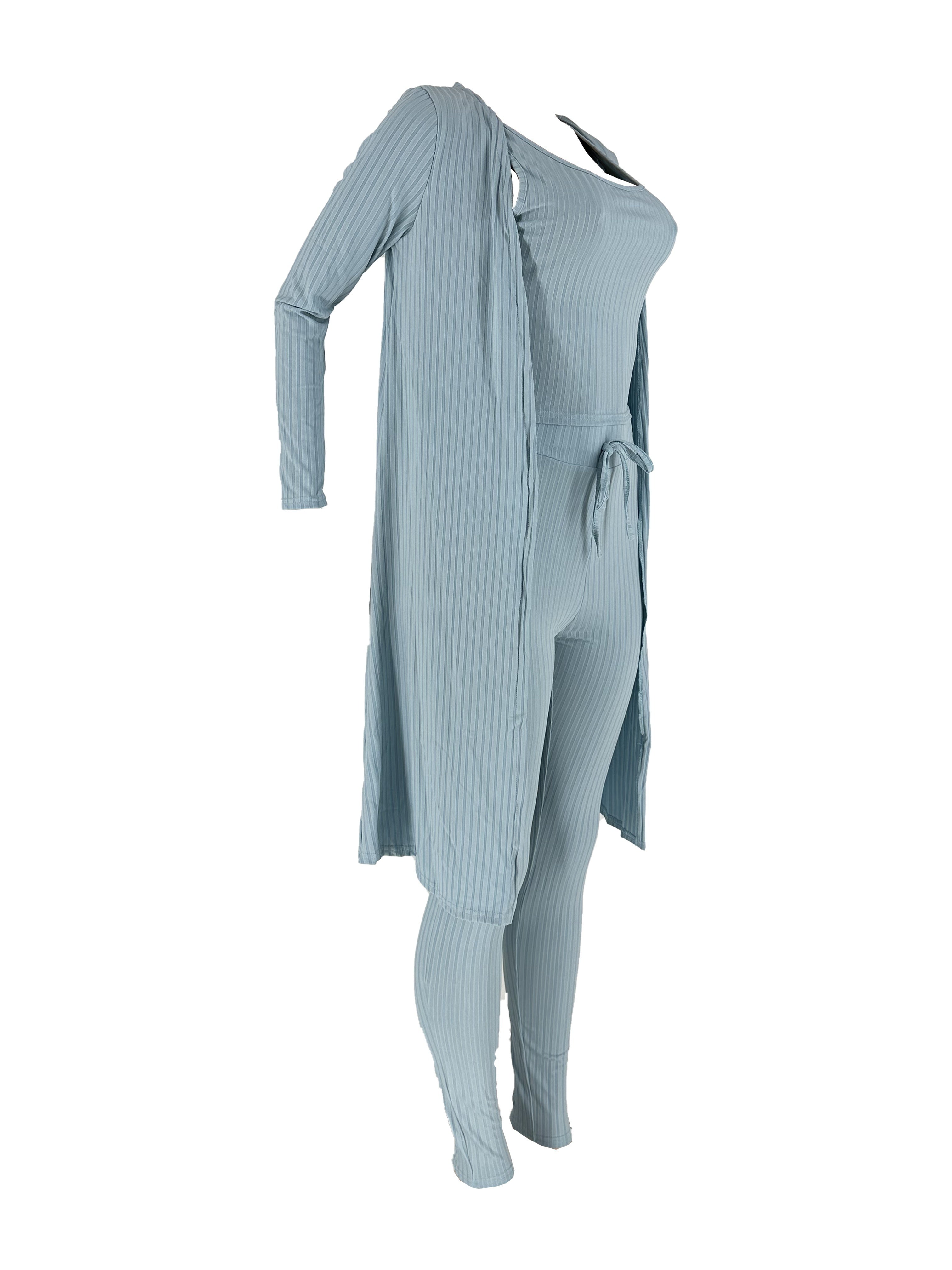 Three-piece Set of Ribbed Solid Casual Outfits, Open Front Long Sleeve Cardigan & Tank Top & Lace Up Pants, Women's Clothing