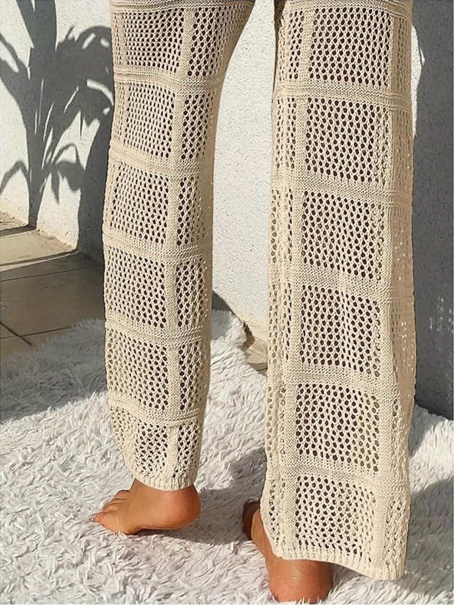 Women'S Crochet Sheer Swim Cover Up Pants - Drawstring, Hollow Out Loose Beach Pants, Summer Vacation Style, Knit Material, Long Length, No Belt, Relaxed Fit, Beach Coverup|Hollowout Design|Drawstring Waist, Beach Clothes