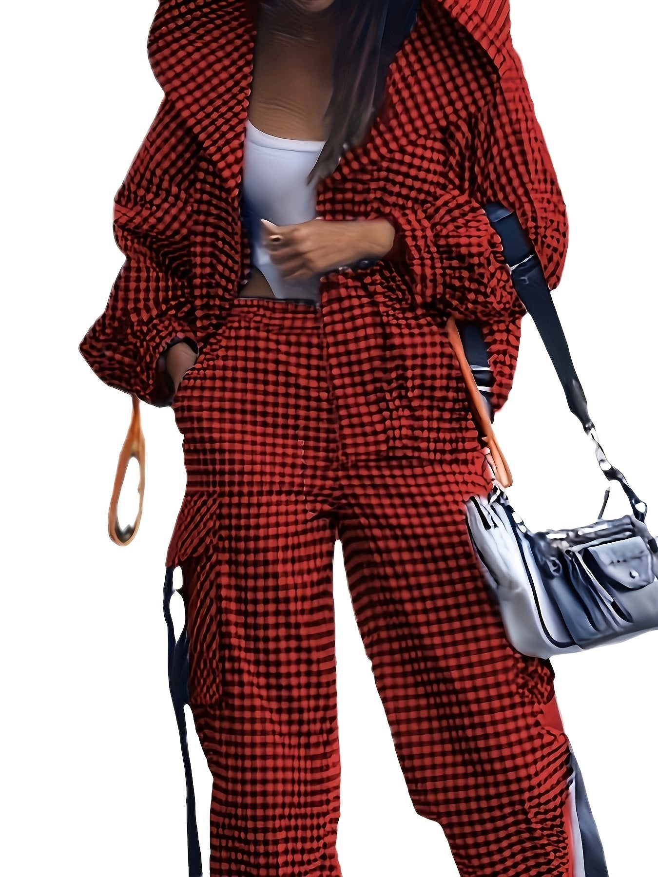 Women'S Casual Gingham Pantsuit with Lapel Collar and Zipper Details, 100% Polyester Woven Fabric, for Fall/Winter
