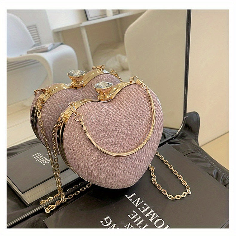 Ladies Fashion Shining Chain Crossbody Bag, Elegant Shoulder Heart Shaped, Metal Embellished, Black, with Buckle Closure, for Party, Wedding, Date