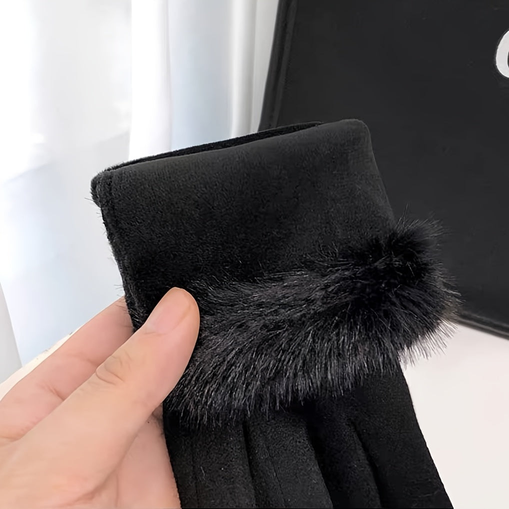 Women'S Fashion Faux Fur-Lined Full Finger Mittens, Polyester Knit Fabric, with Hand Wash Only, for Fall/Winter Outdoor Warm Accessories