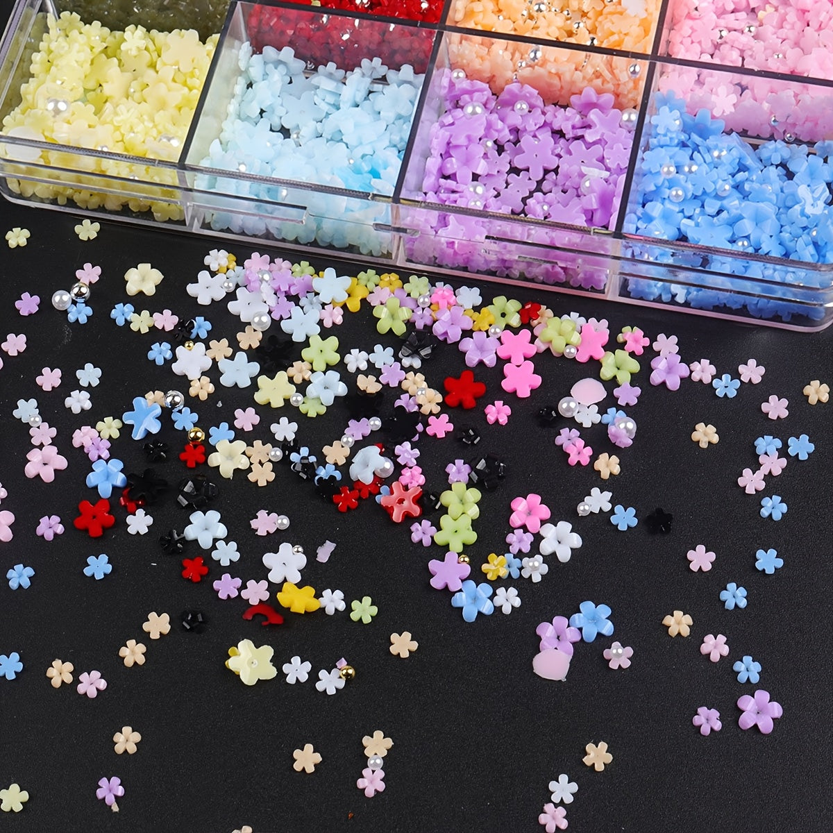 1500pcs Y2K Style Nail Art Charm Set, Featuring 3D Resin Flowers, Golden And Silvery Caviar Beads, Pearls, Hypoallergenic, Unscented, for DIY Finger Trimming And Nail Design Decoration.