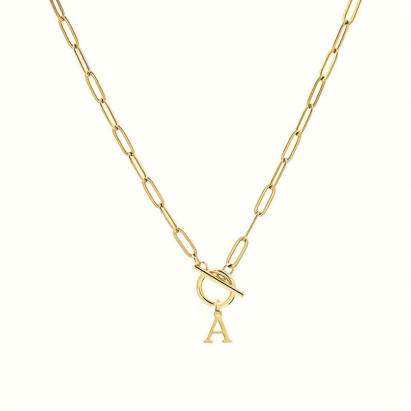Personalized Initial Letter Necklace – 18K Gold Plated Stainless Steel Capital Letter Pendant with Rectangular Paperclip Chain – Elegant & Cute Gift for Her